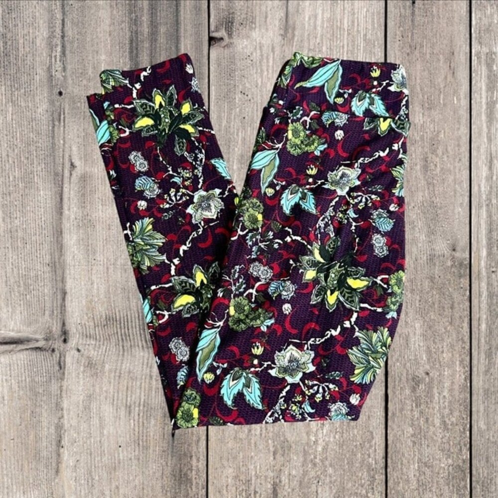 LuLaRoe Red Black Floral Green Blue Lightweight Leggings Pants Women's OS‎